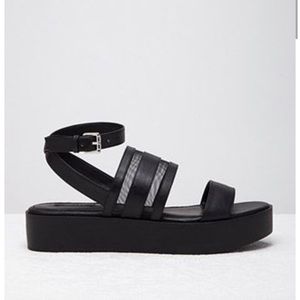 Black Mesh-Paneled Faux Leather Sandals